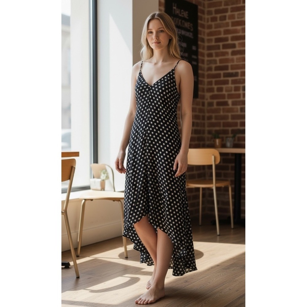Women's Boutique Dress XL Black White Polka Dot Hi Low Slip Maxi Pockets Summer